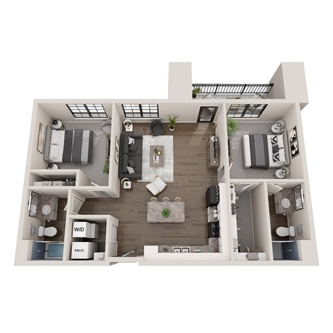 Floor plan for 2 beds, 2 baths, 976 sqft